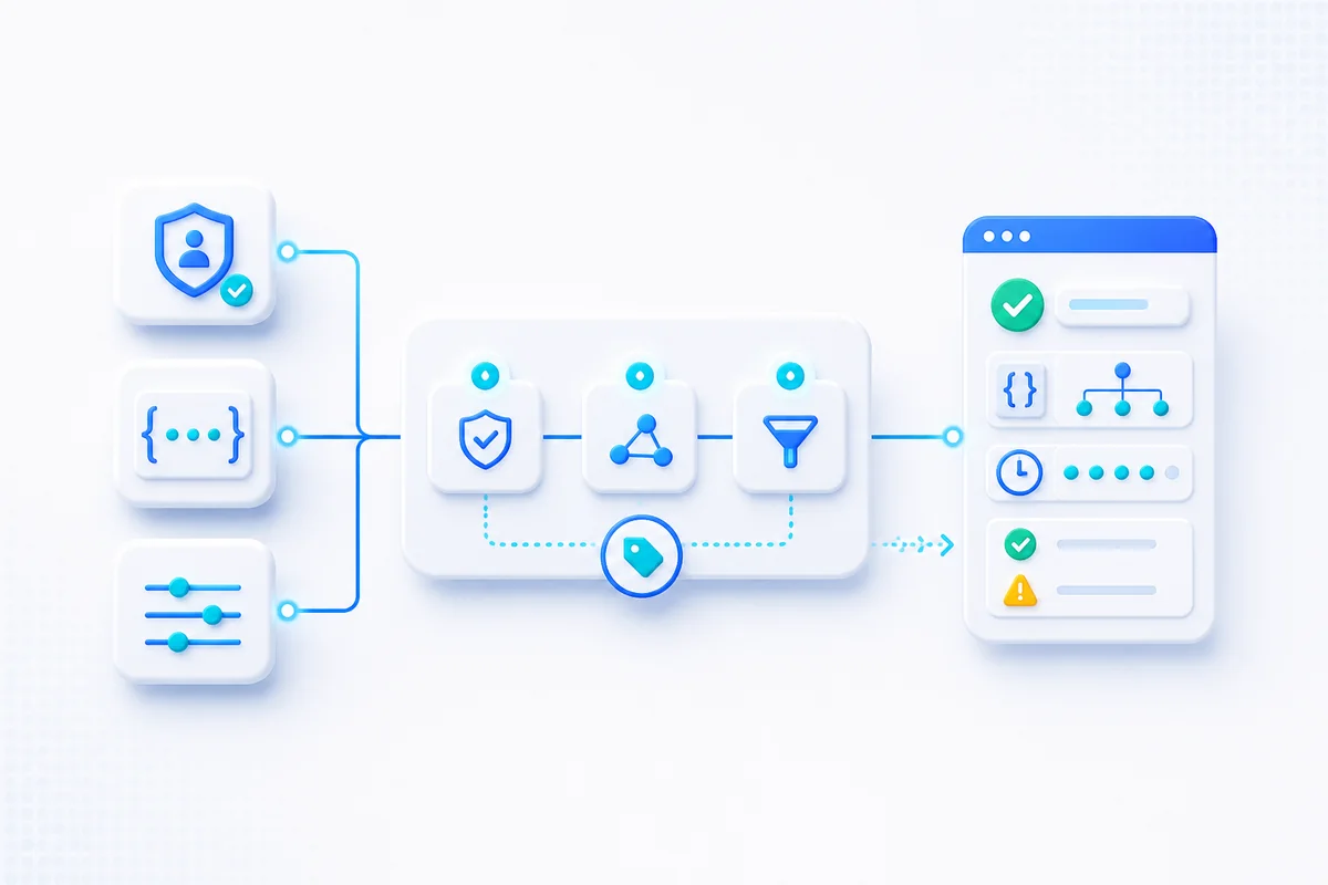 Authentication, headers, and payload flowing through an ordered API request chain into contract evidence.