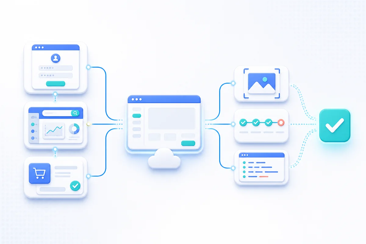 Login, dashboard, and checkout steps running in a hosted browser and producing screenshot, trace, and console evidence.