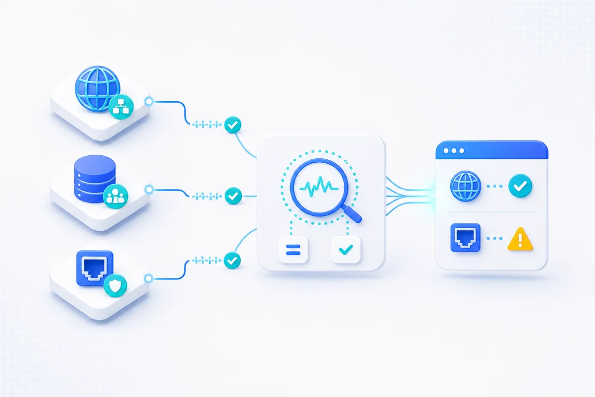 DNS records, public resolvers, and a TCP port flowing into one infrastructure health result.