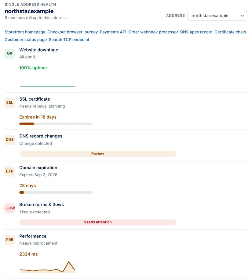 PageLantern overview with monitored website health rows.