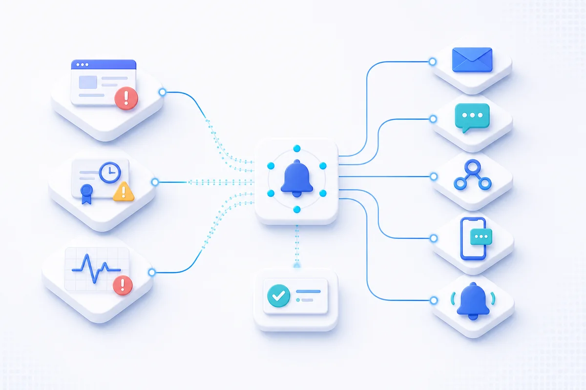 Monitoring events flowing through an alert-routing hub to email, chat, webhook, SMS, and paging destinations.