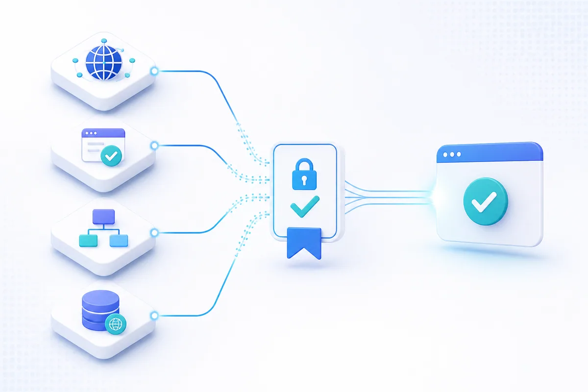 Expiry, hostname, and certificate-path validations converging into one trusted customer result.
