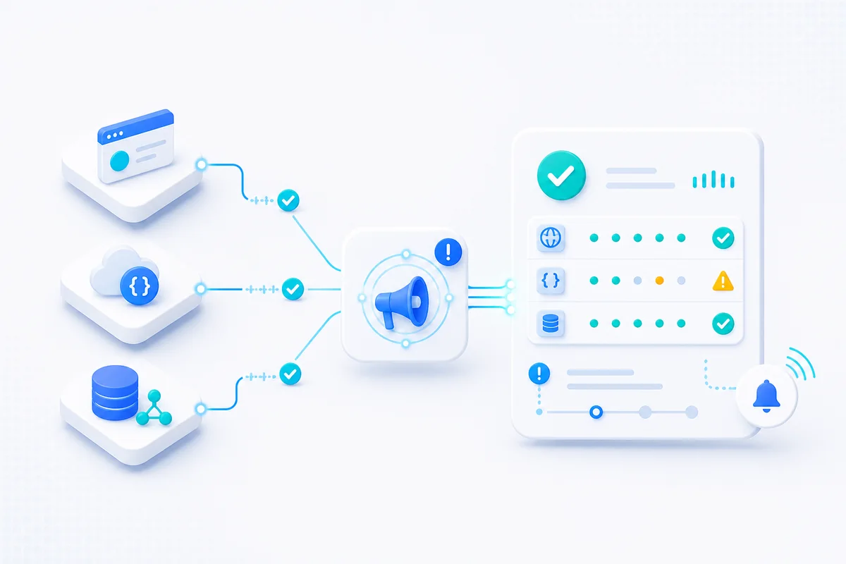 Website, API, and infrastructure monitors publishing health and incident updates to a hosted status page.